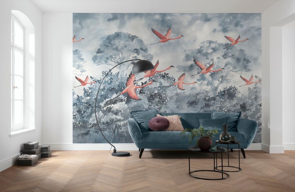 Komar Vlies Fototapete - Flamingos in the Sky - Größe: 400 x 280 cm (Breite x Höhe) - 8 Bahnen, Wohnzimmer, Schlafzimmer, Tapete