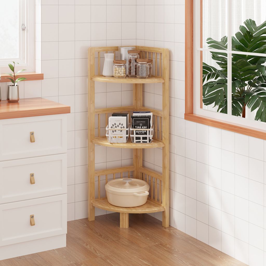 A corner shelf unit in a kitchen setting next to a window and cabinetry.