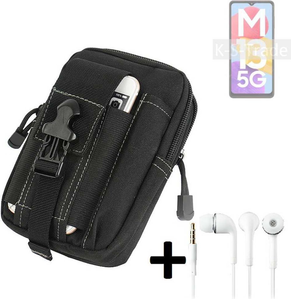 K-S-Trade Gürteltache + Kopfhörer kompatibel mit Samsung Galaxy M13 5G Gürtel Tasche Holster Schutz Hülle Handy Hülle schwarz inkl. Extrafächer