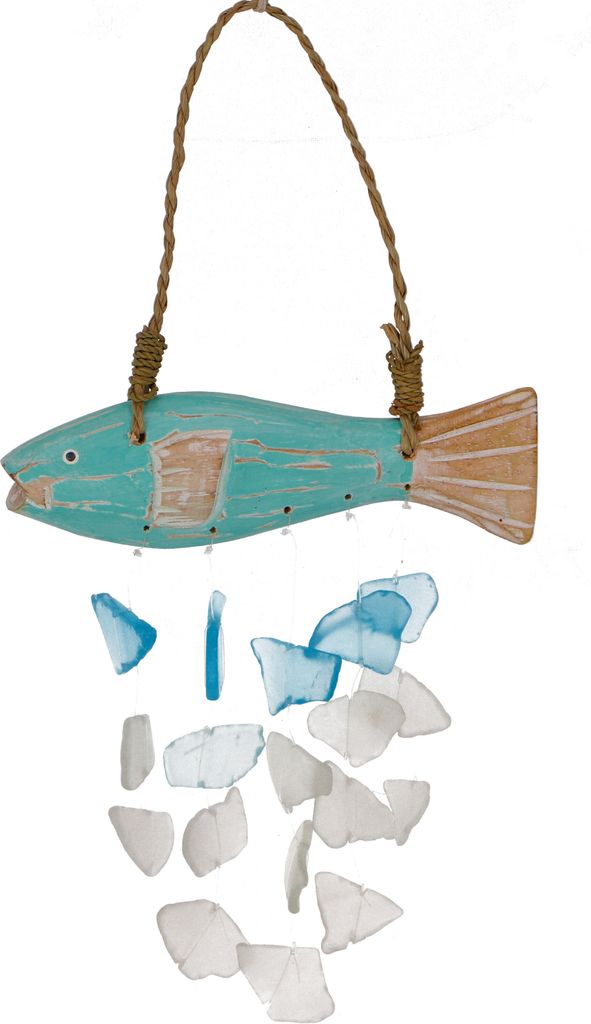 Mini Windspiel, Wanddeko - Fisch Türkis, Muschelscheiben, 25*14*1 cm, Windspiele & Klangspiele
