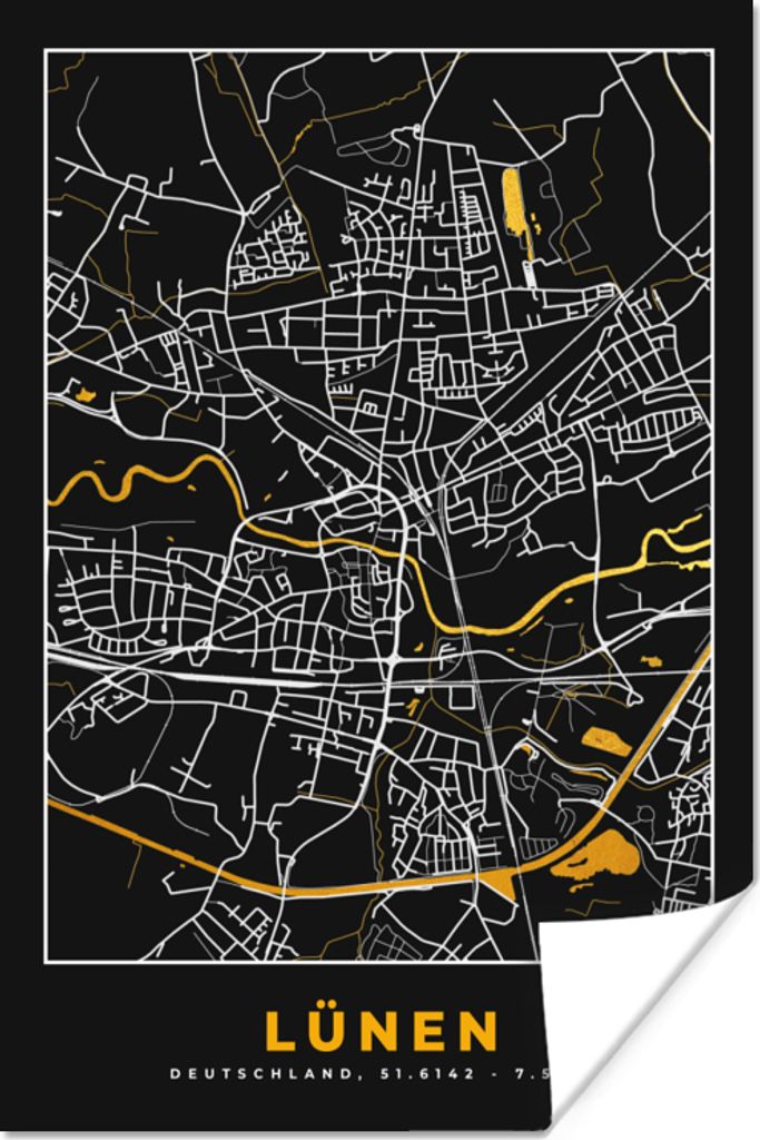 MuchoWow Poster Stadtplan - Schwarz und Gold - Lünen - Karte - Deutschland 120x180 cm - Kunstposter