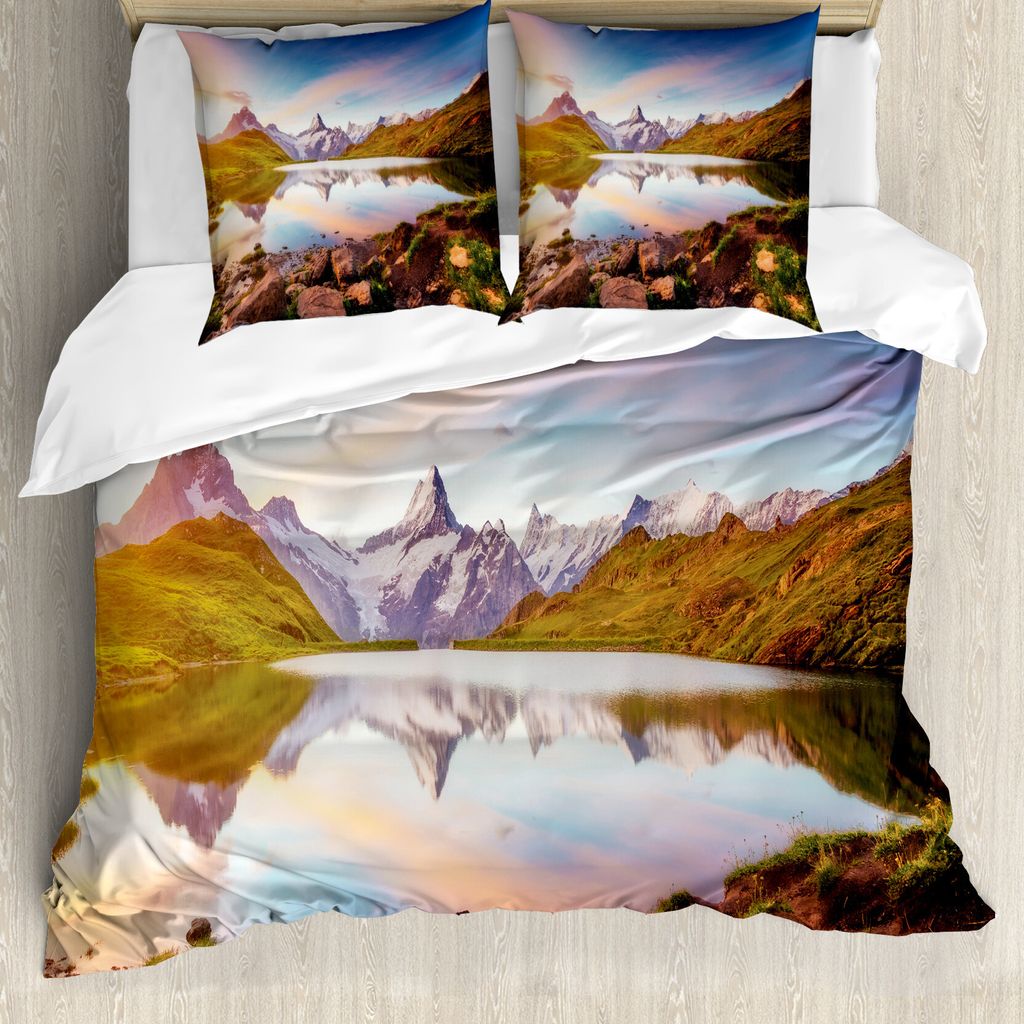 ABAKUHAUS Scenic Sommer Bettbezug Set für Einzelbetten, Ruhige See-Sonnenaufgang, Milbensicher Allergiker geeignet mit Kissenbezug, 200 cm x 200 c...