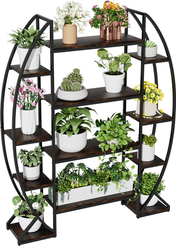 A multi-tiered plant stand filled with various potted plants.