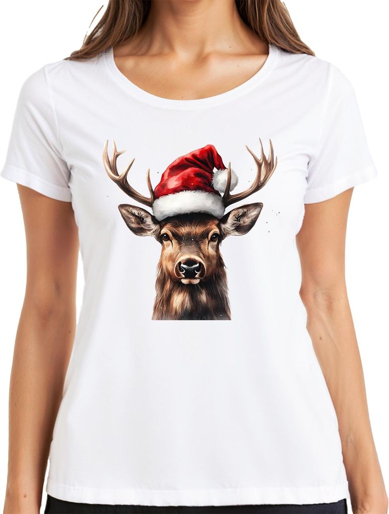 Weihnachtsrentier Santa Hat Geweih Geschenk Winter Realistisch Damen T-Shirt, Weiß, S