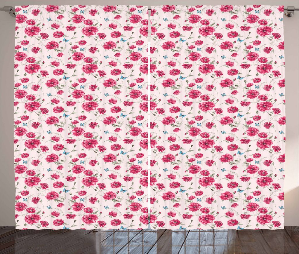ABAKUHAUS Aqua und Rosa Rustikaler Vorhang, Sommer-Mohnblumen, Wohnzimmer Universalband Gardinen mit Schlaufen und Haken, 280 x 225 cm, Hellrosa Ro...