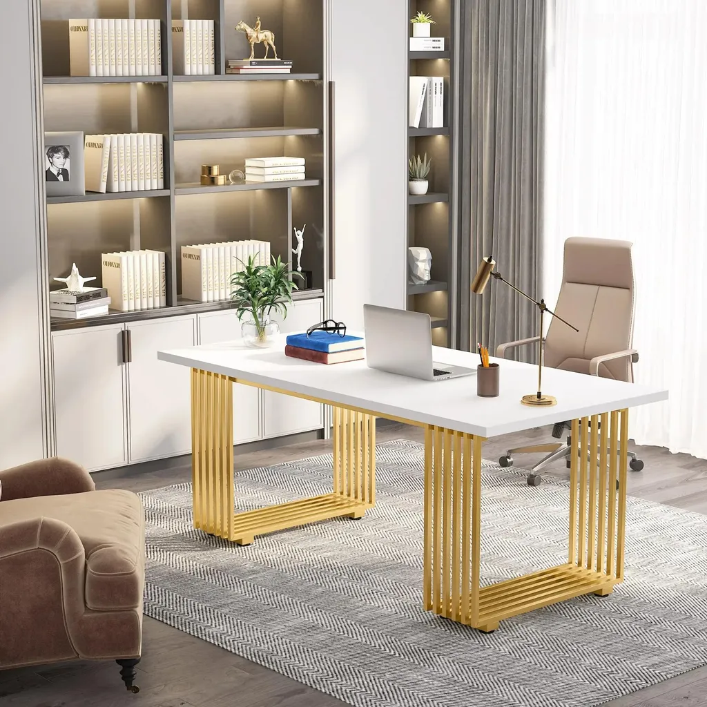 Bureau de direction blanc et doré 180 cm avec structure en fer stable - 4