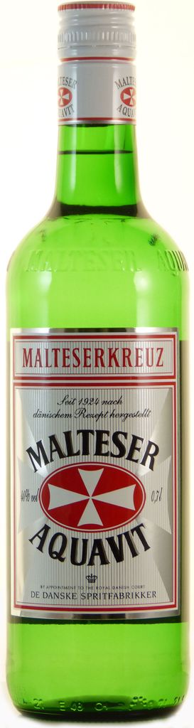 A bottle of Malteserkreuz Malteser Aquavit.