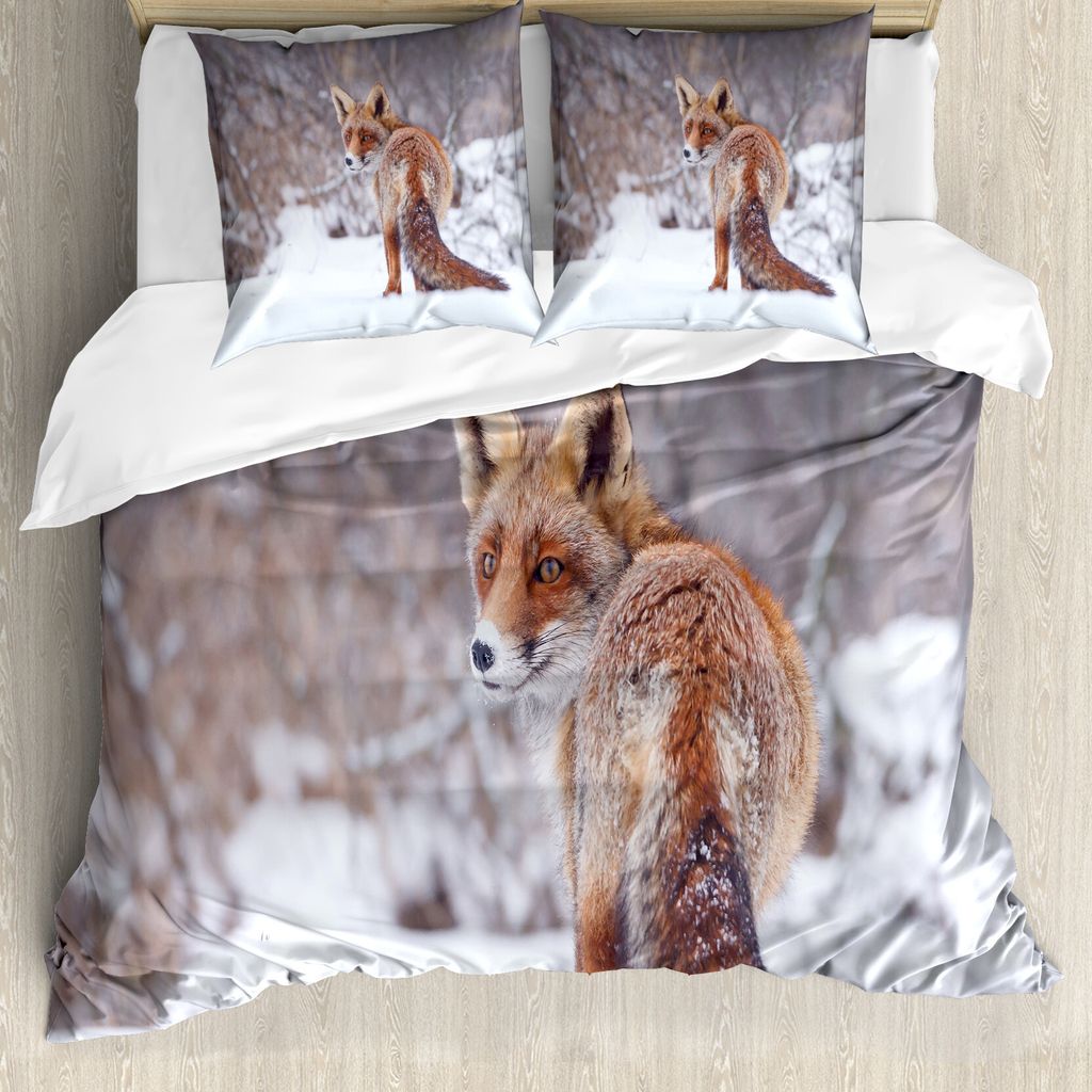ABAKUHAUS Fuchs Bettbezug, Snowy Land Pelztier, Milbensicher Allergiker geeignet mit Kissenbezügen, 155 cm x 220 cm - 80 x 80 cm, Redwood Brown White