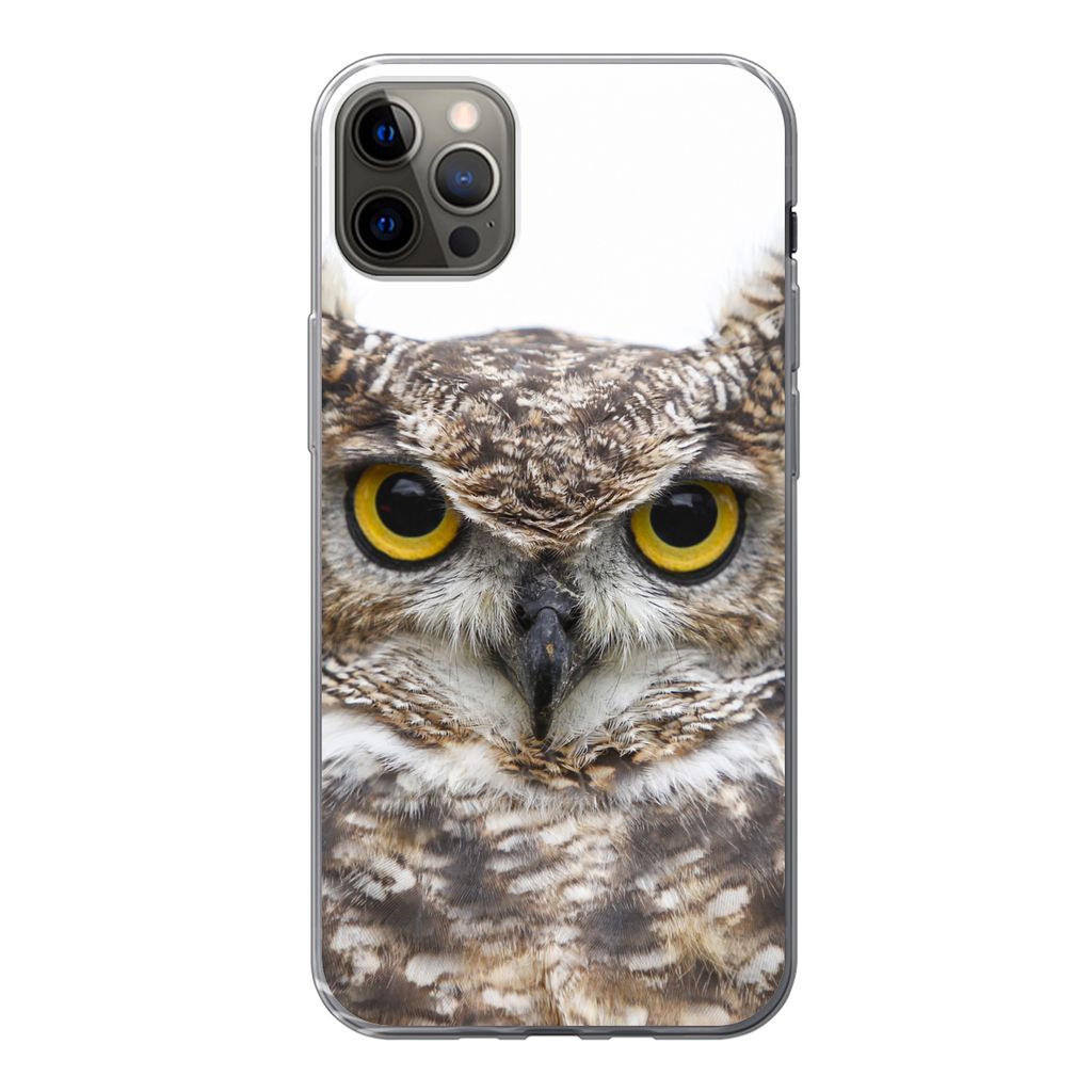 MuchoWow Handyhülle Schutzhülle Hülle für iPhone 12 Pro Max Porträt einer braunen Eule auf weißem Hintergrund Silikon Softcase Handy Hülle...