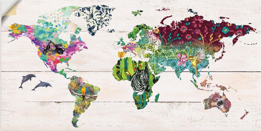 ARTland Wandbild, selbstklebend Bunte Welt auf hölzernem Untergrund Größe: 100x50 cm