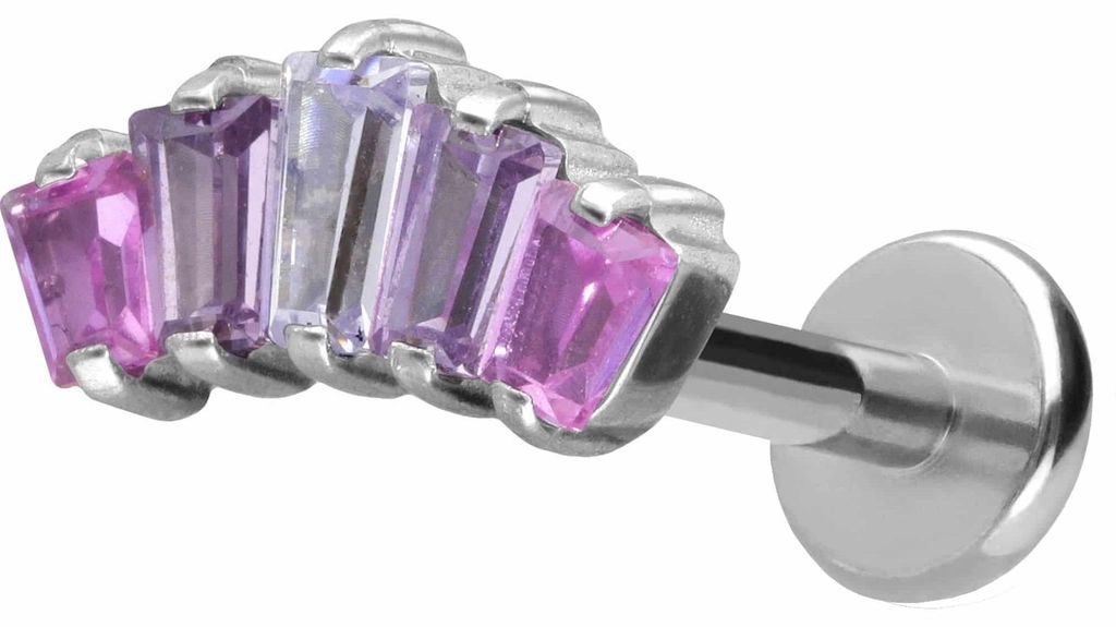Ohrpiercing, Nasenpiercing Titan Labret mit Push Fit 5 EINGEFASSTE KRISTALLRECHTECKE Silber Stablänge: 9mm | Stabstärke: 1,2mm