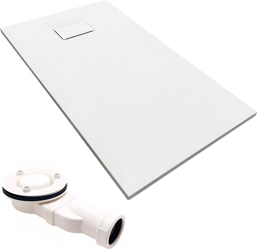 A white rectangular shower tray and a white drain assembly are shown on a white background.