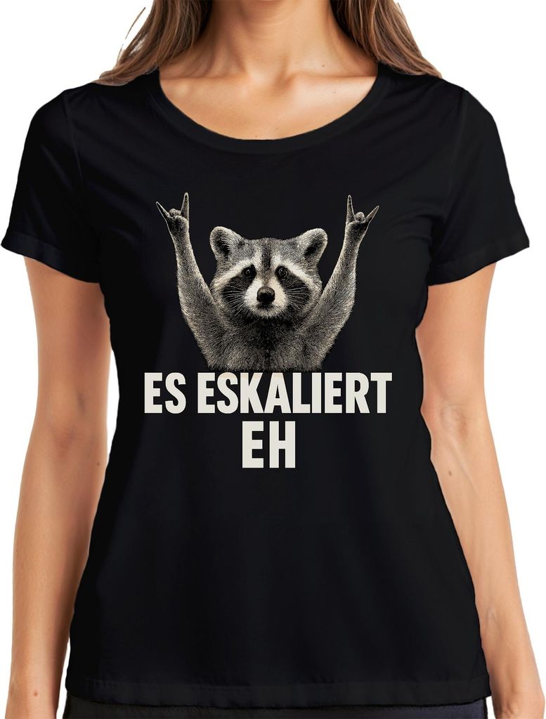 Es eskaliert eh Waschbär Rocker Party Humor Vintage Retro lustig Damen T-Shirt, Schwarz, S