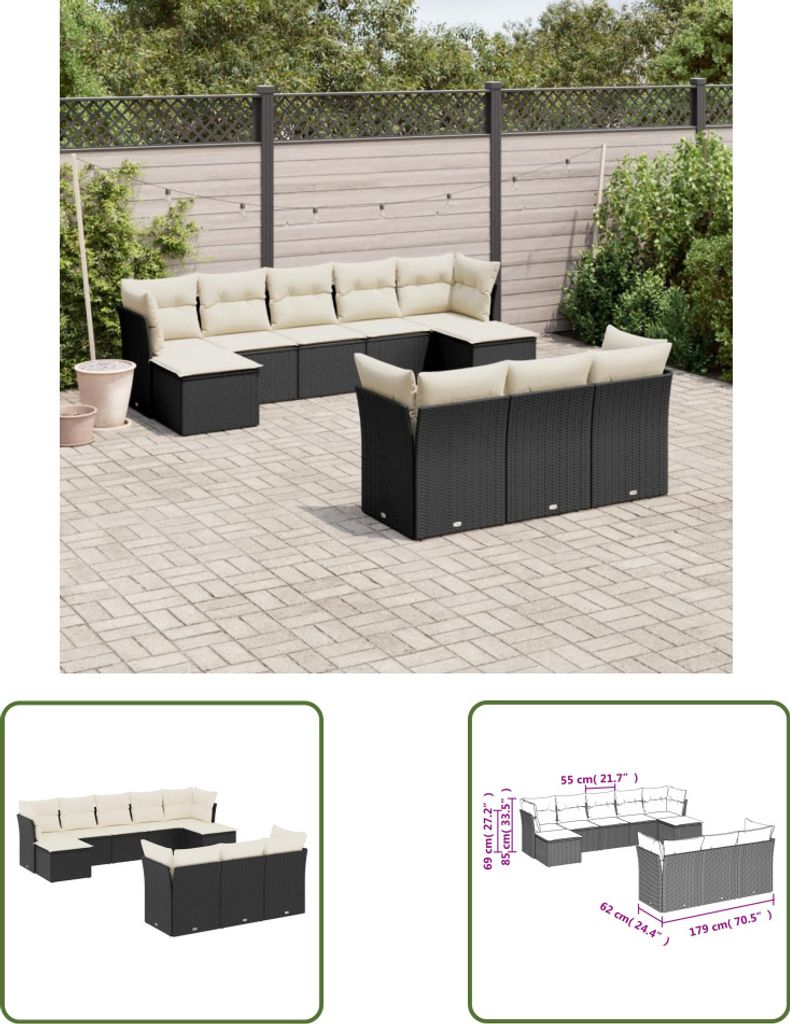 The Living Store 10-tlg. Garten-Sofagarnitur mit Kissen Schwarz Poly Rattan