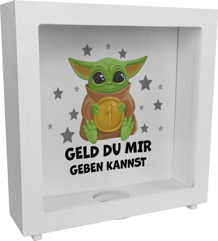 Baby-Alien Rahmen Spardose aus Holz mit Spruch Geld du mir geben kannst