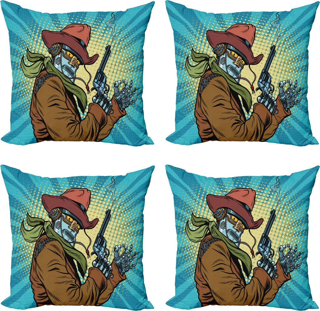 ABAKUHAUS Blau Kissenbezug Set (4 Stück), Western-Art-Roboter-Cowboy, Moderner Doppelseitiger Digitaldruck, 45 cm x 45 cm, Petrol-Blau und Brown