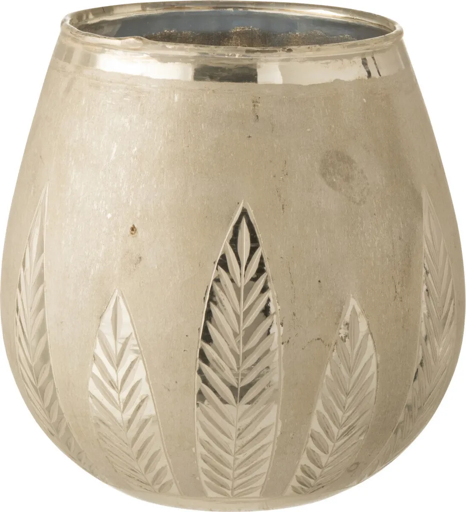 Photophore en verre argenté décor feuille J-Line pour bougie ronde