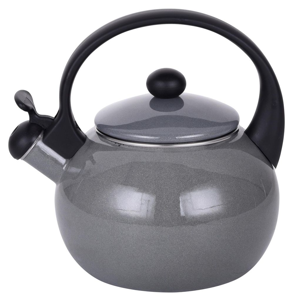 A gray enamel kettle with a black handle and lid is shown against a white background.