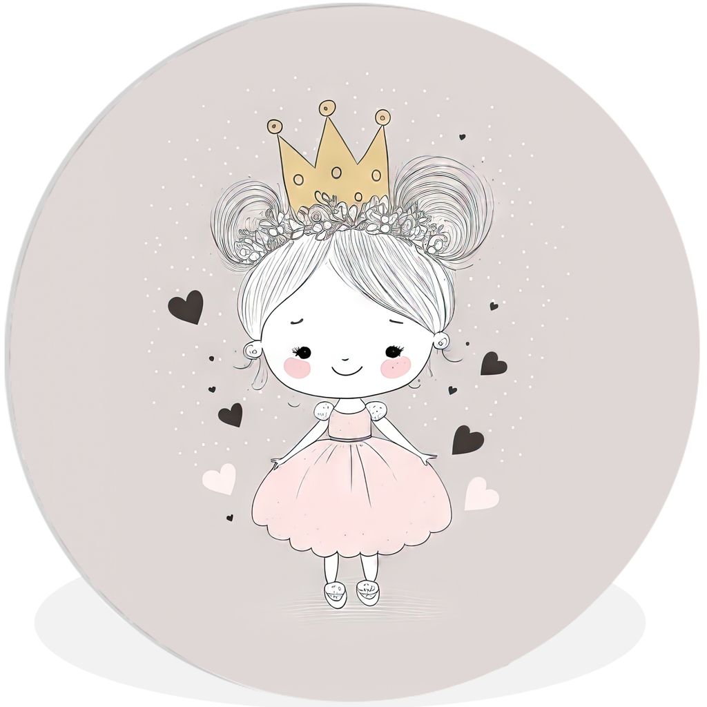 MuchoWow Rundes Wandbild - Runde Bilder Prinzessin - Mädchen - Herzen - Krone - Rosa Ø 60 cm Kreis Wanddekoration Kunststoff - Wandkreis - Wand...