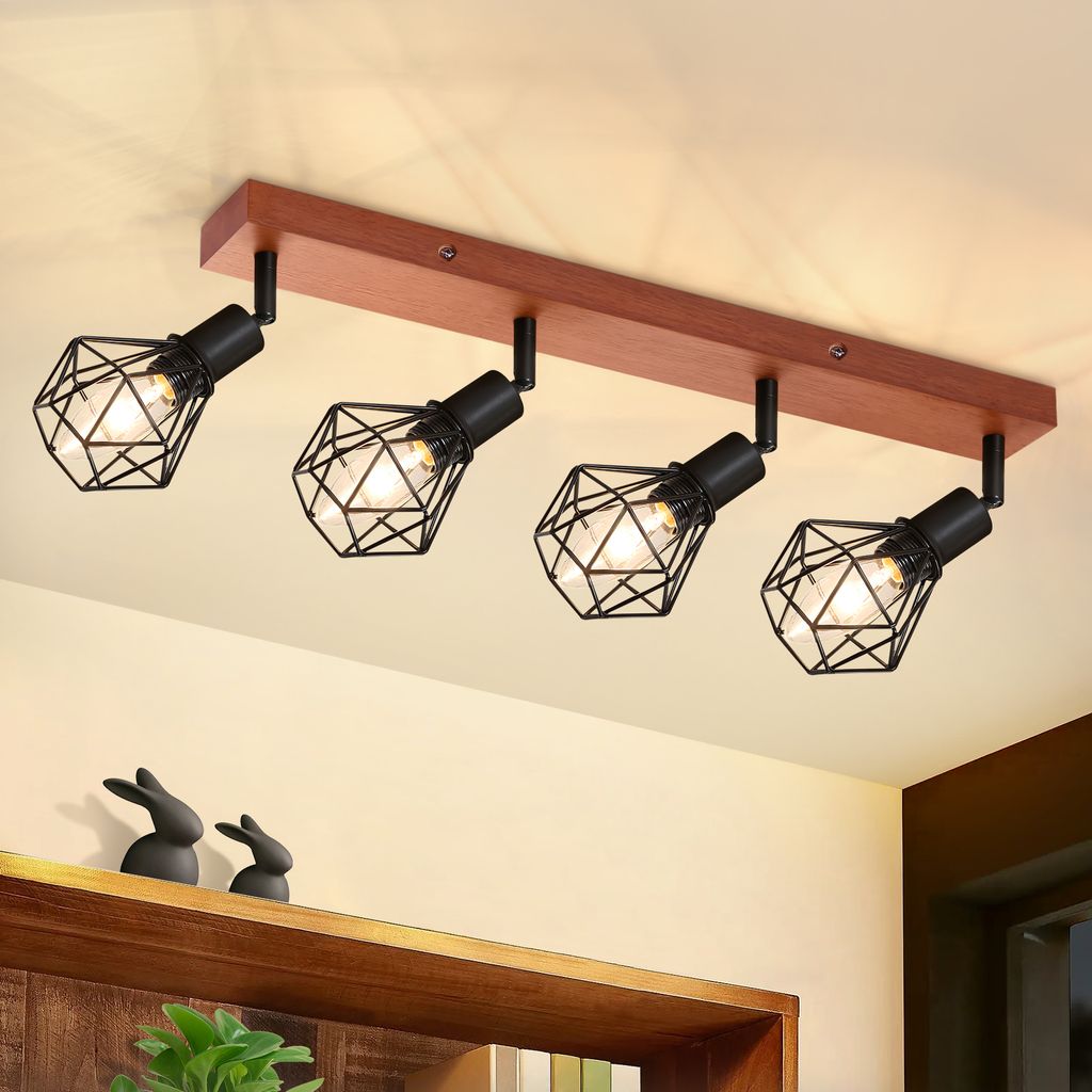 ZMH Deckenstrahler Schwarz 4 Flammig Wandspot Wandstrahler E14 Vintage Verstellbare 350° Retor Metall Holz Eckig für Wohnzimmer Flur Schlafzimmer