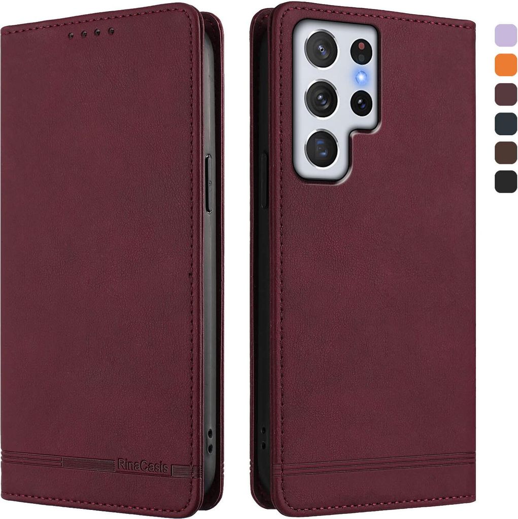 Hülle für Samsung Galaxy S22 Ultra 5G, Retro Kunstleder Ständer Klapphülle mit Kartenfächer und Magnetische Rot