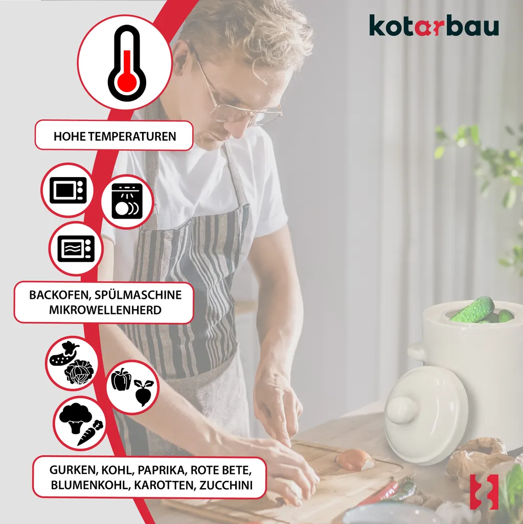 KOTARBAU® Pentola per la fermentazione dei crauti Pentola per crauti da 5 litri in argilla con coperchio Pentola in gres Barile per la fermentazione dei cetrioli Pentola in gres per il rum Pentola per il decapaggio Pentola in pietra Contenitore per kimchi Pentola in gres ceramico - 6
