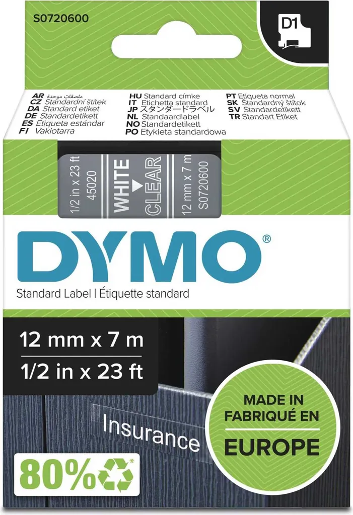 DYMO D1 12mm x 7m Originale | Bianco su Trasparente | Offerta Stock