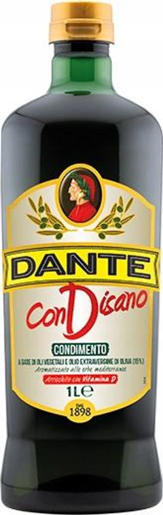 A bottle of olive oil with a label.