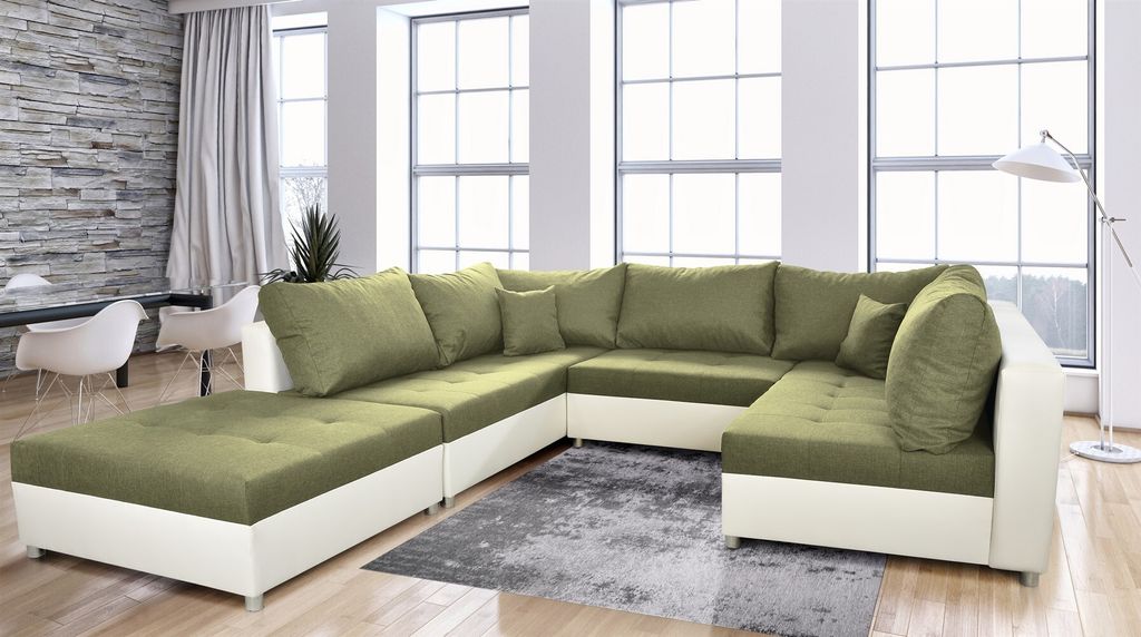 Wohnlandschaft Sofa ANDRO mit Schlaffunktion und Hocker Weiss-Lindengrün