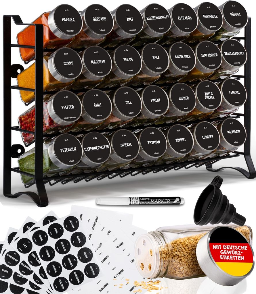 12er Set dreistufiges Metallgewürzregal mit 12 Gewürzdosen mit Bambus-Deckel, 48 Etiketten, Pinsel, Trichter, Haken - DECO HAUS (Schwarz)