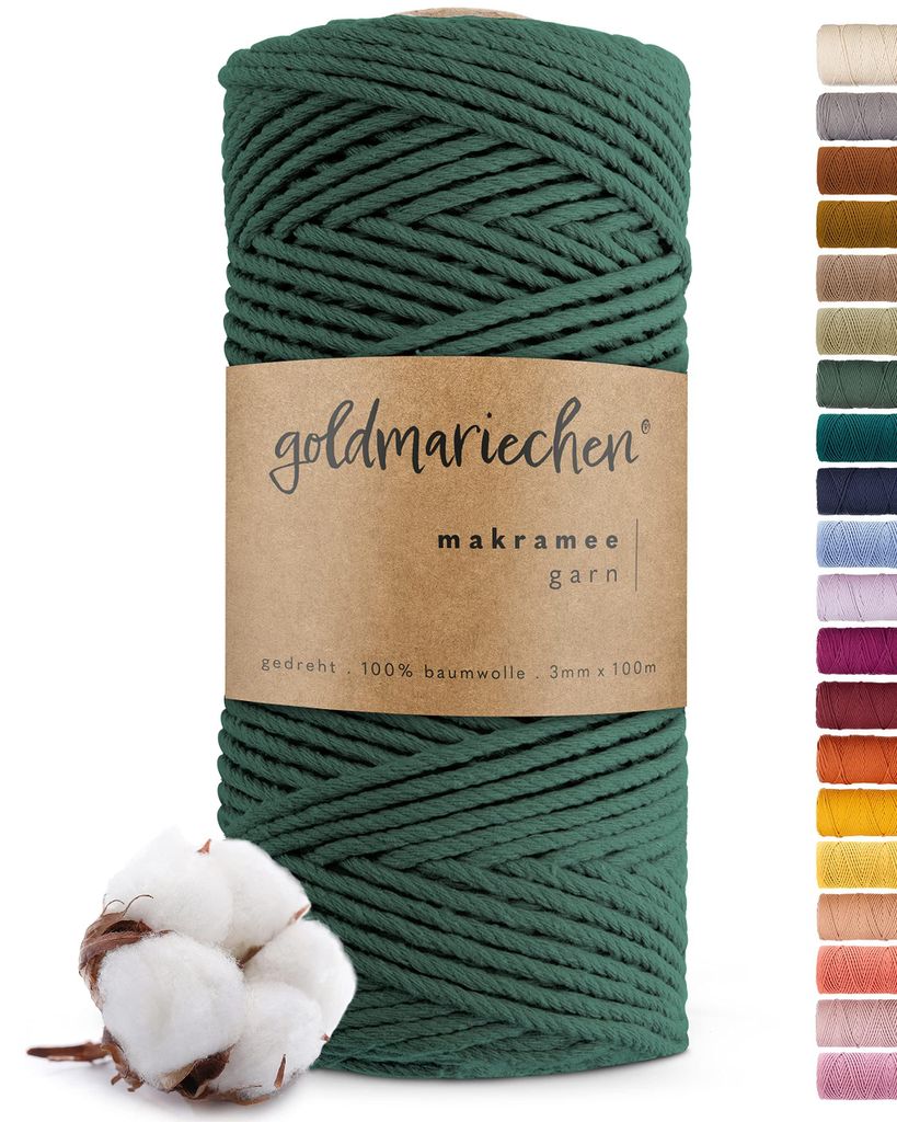 Makramee Garn (Tannengrün) 3mm x 100m - 100% Baumwolle - Makrameegarn Baumwollgarn für DIY-Deko Wandbehang, Blumenampel, Vorhang, Traumfänger