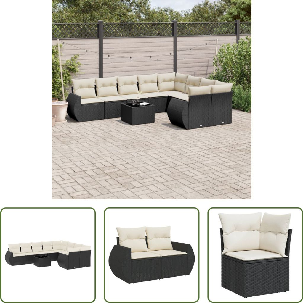 The Living Store 10-tlg. Garten-Sofagarnitur mit Kissen Schwarz Poly Rattan