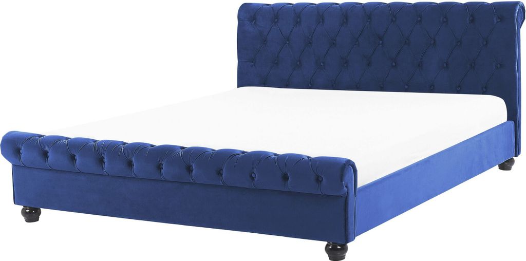 BELIANI Polsterbett Blau 160 x 200 cm Samtstoff Mit Lattenrost Hohe Kopfteil Geschwungene Fußteil Elegant Klassisch