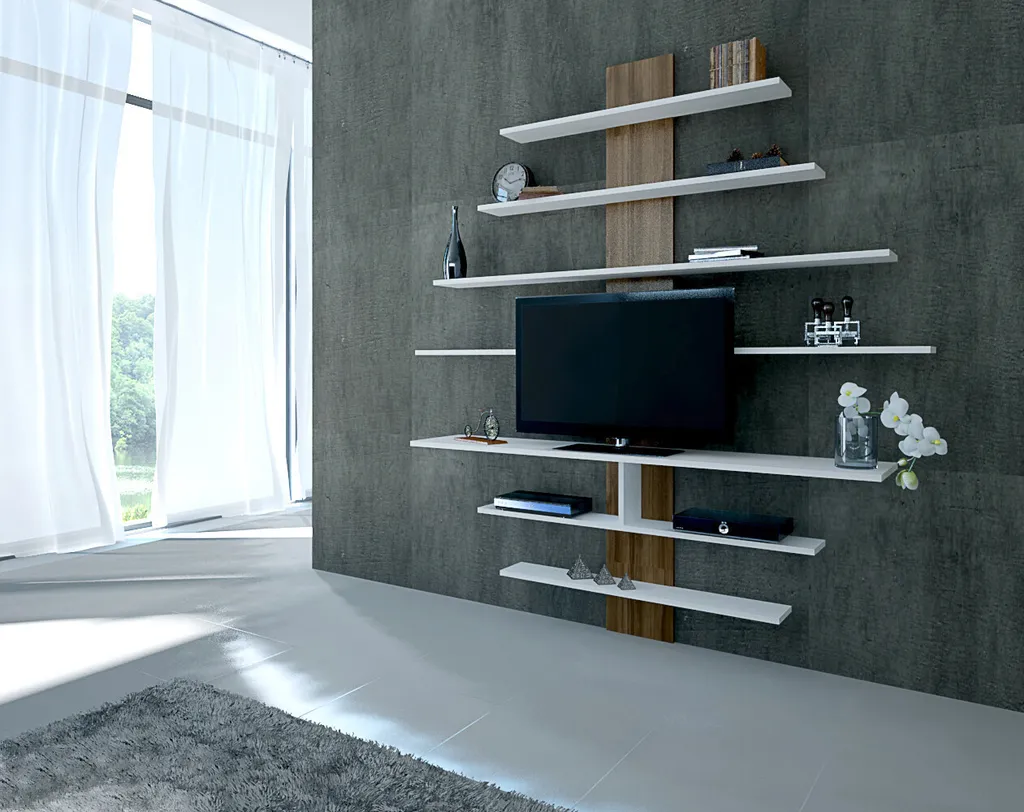 Meuble TV Design Zebra Blanc et Bois Noyer - Grand Ensemble Mural 160 cm