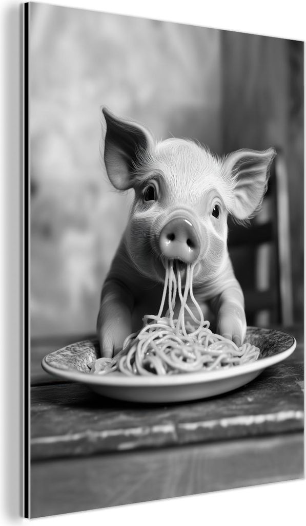 MuchoWow Wanddekoration Metall Metallbild Wandkunst 30x40 cm Schwein - Niedlich - Spaghetti - Schwarz und weiß - Tier MuchoWow Aluminium Gemälde ...