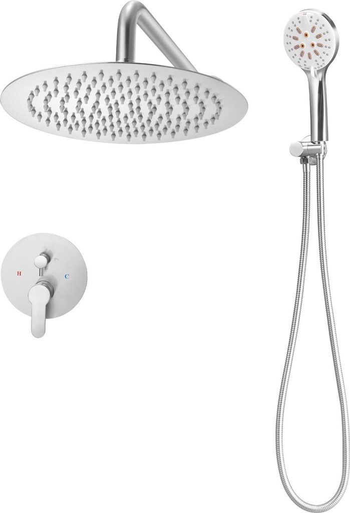 SucceBuy Duscharmatur Regenduschsystem fürs Badezimmer mit 254 mm rundem Regenduschkopf und Handbrause, wandmontiertes Duschset mit Messingventil ...