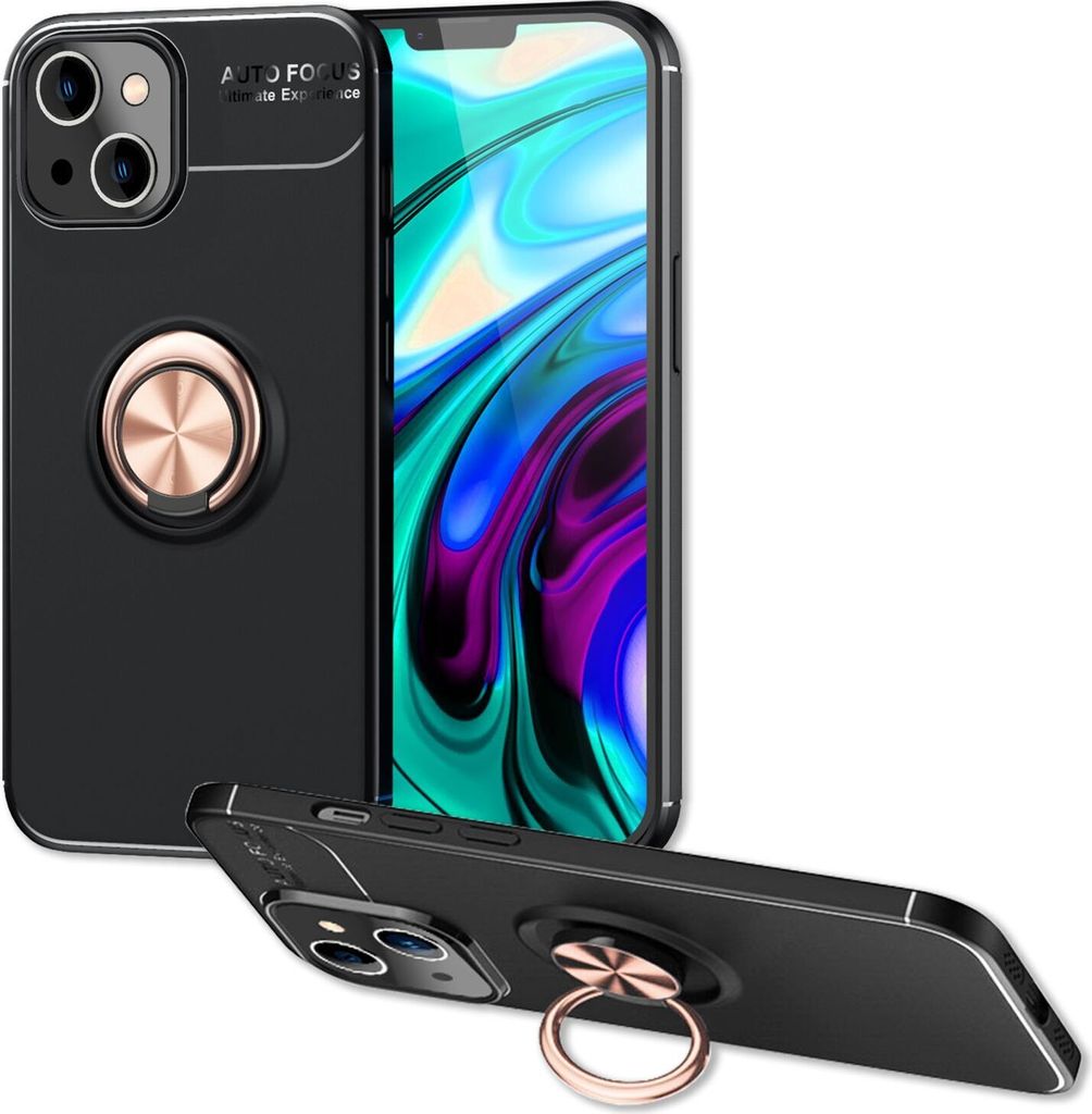 Hülle für iPhone 14 Plus - Matt Schwarz Ring Handyhülle Aufsteller Ständer Cover Rose Gold
