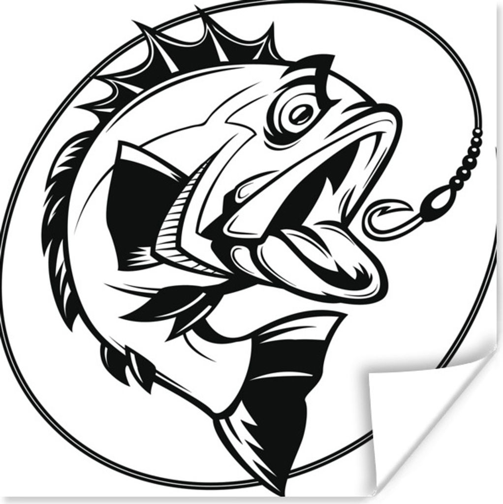 MuchoWow Poster Eine Cartoon-Illustration eines Fisches am Haken 75x75 cm - Wand Dekoration