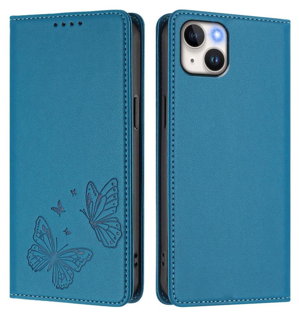 Lederhülle für iPhone 15 Plus, Schmetterling Prägung Leder Brieftasche Schutzhülle mit Ständer Blau