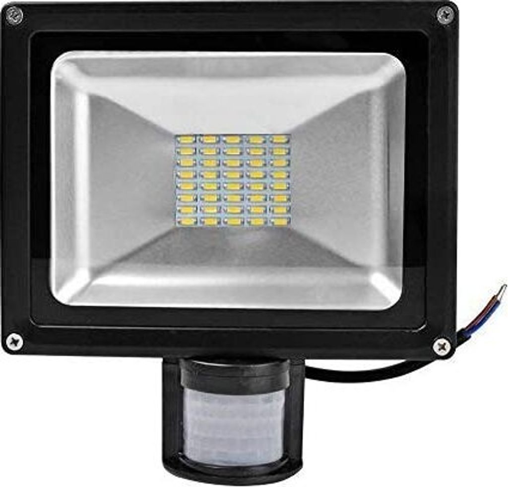 A black LED floodlight with a motion sensor attached.