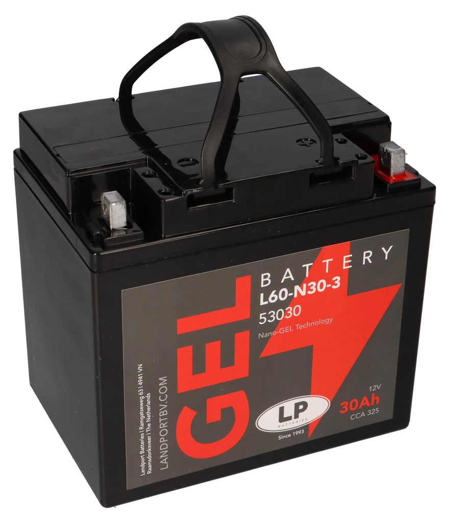 A black gel battery with a red arrow graphic and text labels.