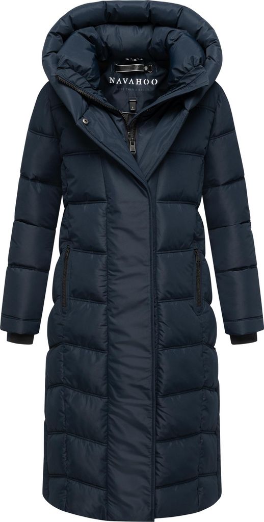 Navahoo Damen Wintermantel langer Steppmantel Jacke Parka mit Kapuze Engelsfeder Navy Gr. 36 - S