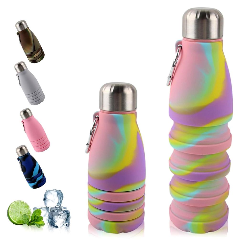 Faltbarer Trinkbecher, 550 ML Sportbecher, Tragbar, Auslaufsicher und Spill-Free, Ideal für Reisen, Sport und Outdoor-Aktivitäten (Camouflage Rosa)
