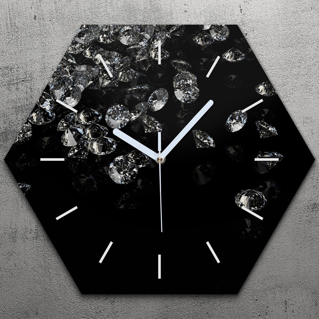 Uhr hexagonal 40 cm Glas Geräuschlos weiße Zeiger - Diamanten Edelsteine