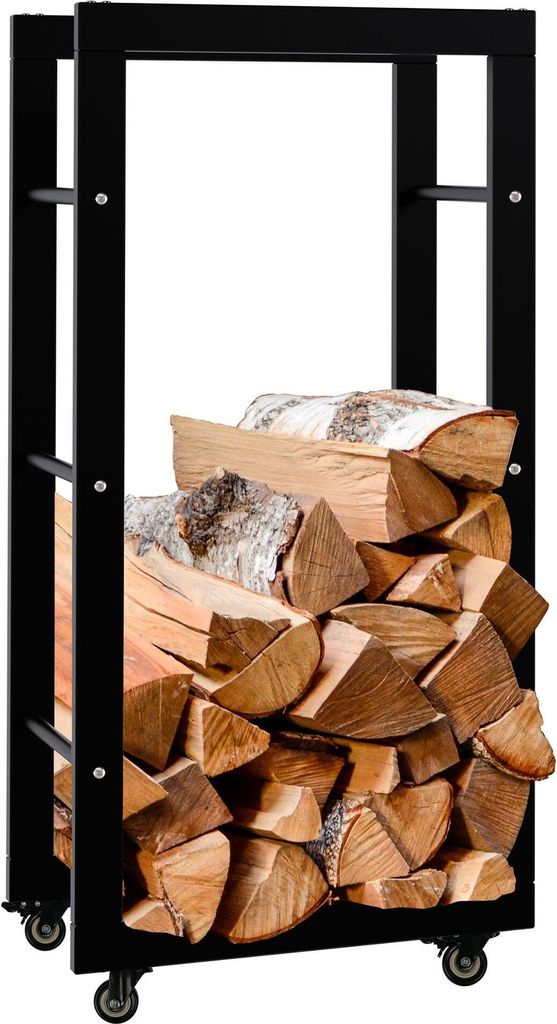 DELUKE Kaminholzregal innen Metall SATLO - mit Rollen | Brennholzregal innen Kaminholzständer Kaminholzhalter Feuerholzregal Innen | Schwarz, 25...