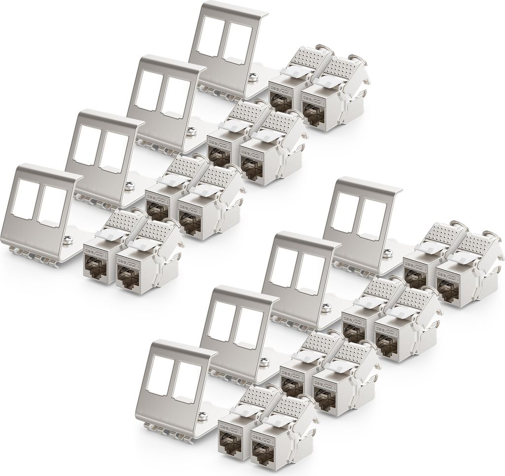 deleyCON 16x CAT6a Keystone Jack Modul mit 8x 2-Port Hutschienenadapter als Set Metall STP Schirmung RJ45 Buchse 10 Gbit/s Netzwerk Snap-In Montage...