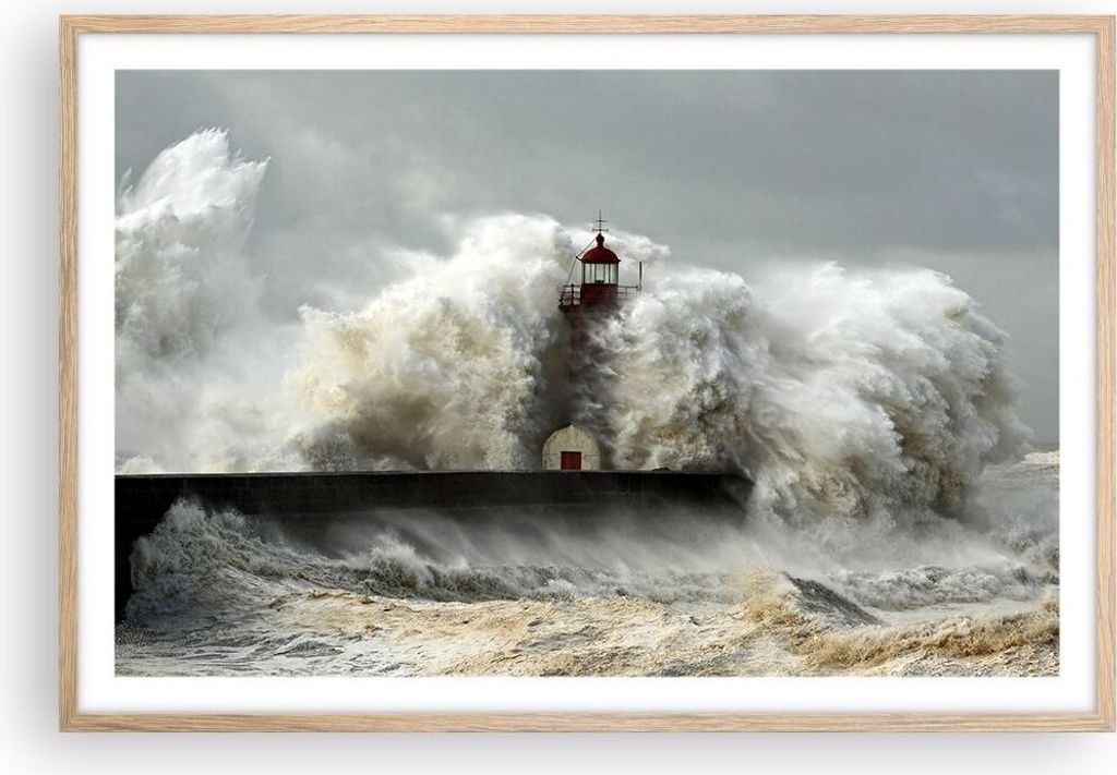 Gerahmtes Poster - Rahmen in heller Eiche - Leuchtturm Ozean Sturm - 91,5x61 cm - Wand Bild - Wanddeko - Wandbilder - Wandposter - Bilderrahmen - B...