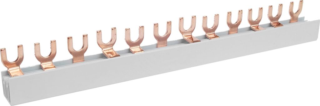 A product shot of a busbar with multiple fork-shaped connectors.