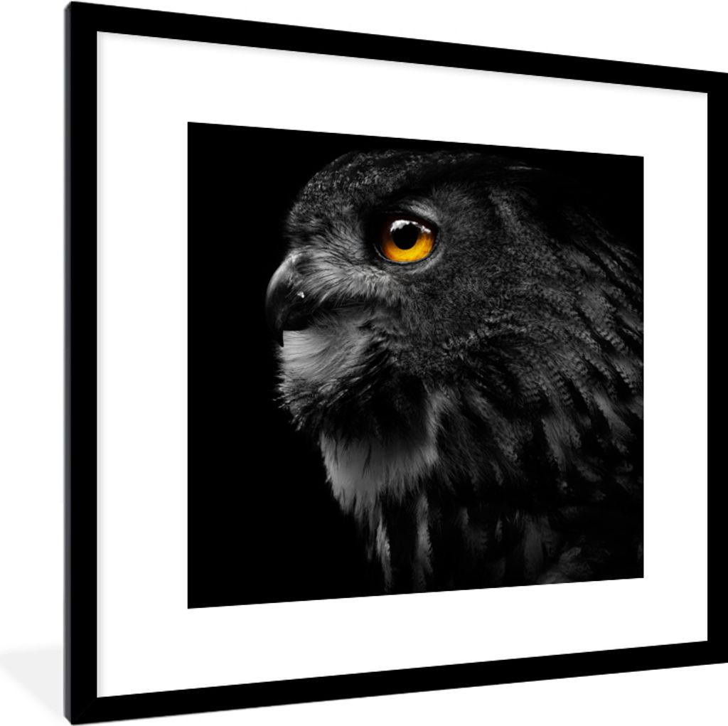 MuchoWow Gerahmtes Poster Eule - Vogel - Schwarz - Porträt 40x40 cm - Poster mit Schwarzem Bilderrahmen Wandposter Rahmen Foto Bilder - Poster -...