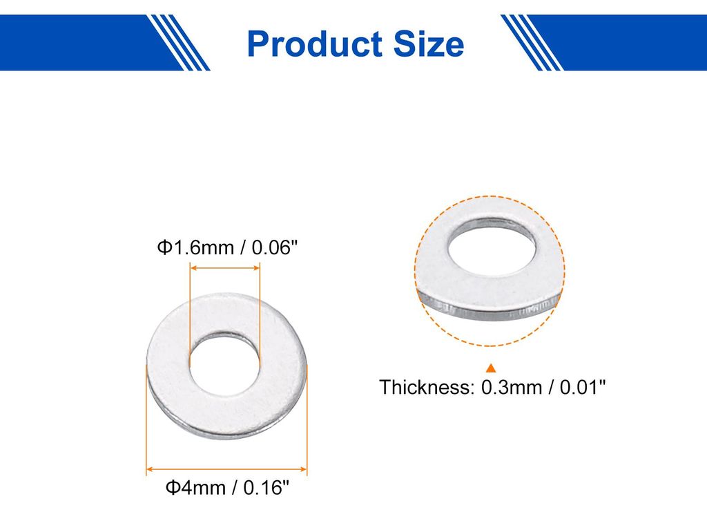 50 Stš¹ck M1.6 Unterlegscheiben, 1,6x4x0,3mm Verdickte 304 Edelstahl Flache Beilagscheiben fš¹r Schraube, Bolzen, Automobil, Industriemaschinen